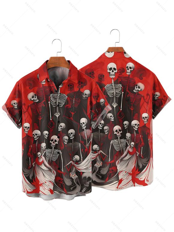 Gothic Couple Outfit for Halloween Skulls Skeleton Blood Print Spaghetti Strap Mini Dress and Shirt Set - Rouge foncé S | US 4