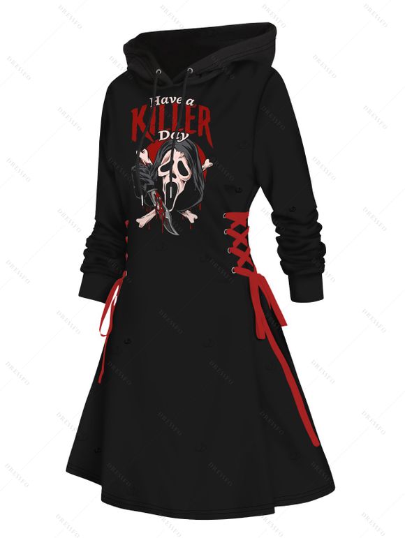 Robe à capuche gothique, imprimé crânes, lettres, couteau, cordons de serrage, mini-robe à lacets pour Halloween - Noir S | US 4