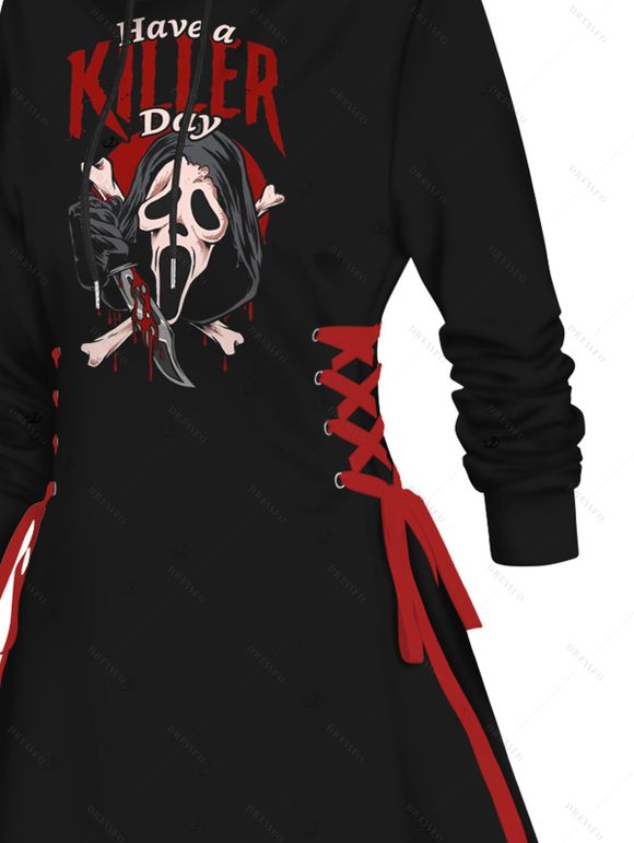 Robe à capuche gothique, imprimé crânes, lettres, couteau, cordons de serrage, mini-robe à lacets pour Halloween - Noir L | US 8-10
