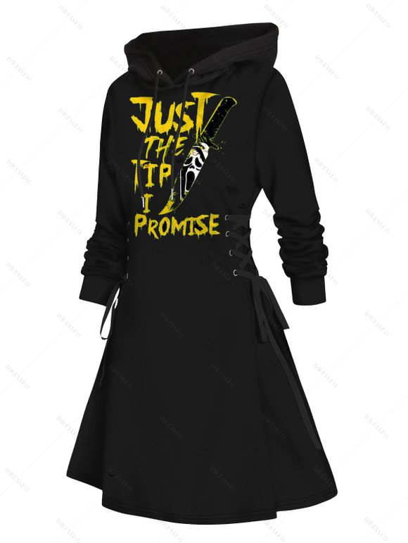 Robe à capuche gothique avec slogan et crânes, imprimé couteau, mini-robe à lacets et cordons de serrage pour Halloween - Noir S | US 4