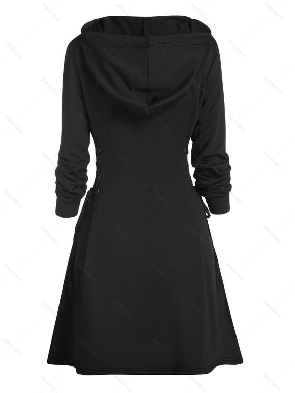 Robe à capuche gothique avec slogan et crânes, imprimé couteau, mini-robe à lacets et cordons de serrage pour Halloween - Noir S | US 4