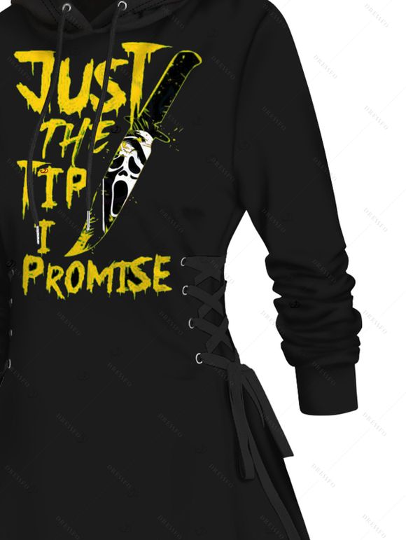 Robe à capuche gothique avec slogan et crânes, imprimé couteau, mini-robe à lacets et cordons de serrage pour Halloween - Noir S | US 4
