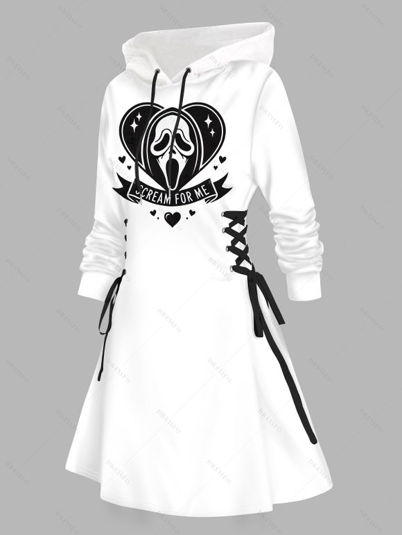 Robe à capuche gothique, imprimé fantôme, cœur, lacets, cordons de serrage, mini-robe pour Halloween - Blanc S | US 4