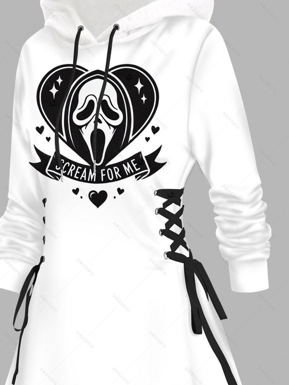 Robe à capuche gothique, imprimé fantôme, cœur, lacets, cordons de serrage, mini-robe pour Halloween - Blanc S | US 4