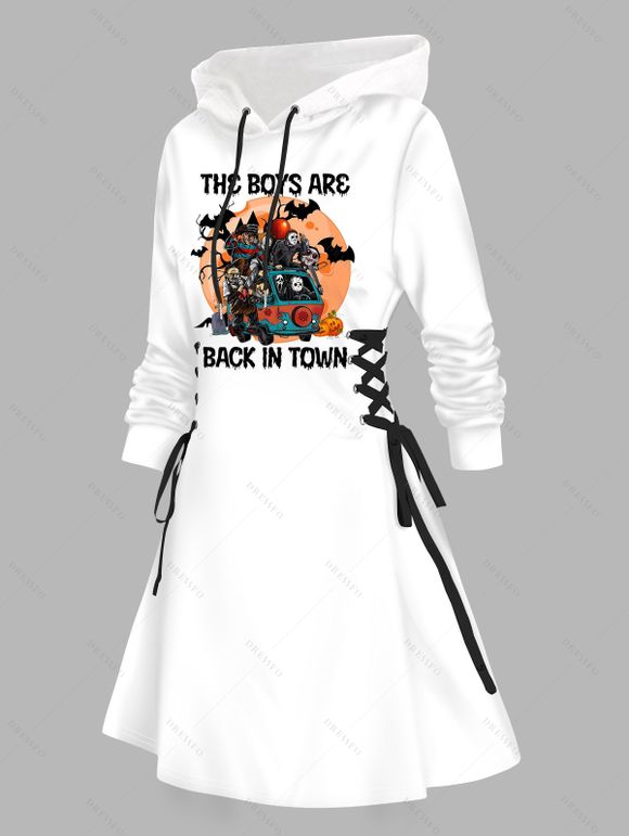 Robe à capuche gothique, imprimé tête de mort, citrouille, lettres, lacets, cordons de serrage, mini-robe pour Halloween - Blanc S | US 4