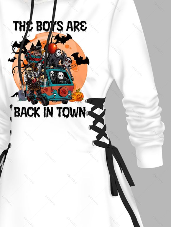 Robe à capuche gothique, imprimé tête de mort, citrouille, lettres, lacets, cordons de serrage, mini-robe pour Halloween - Blanc S | US 4