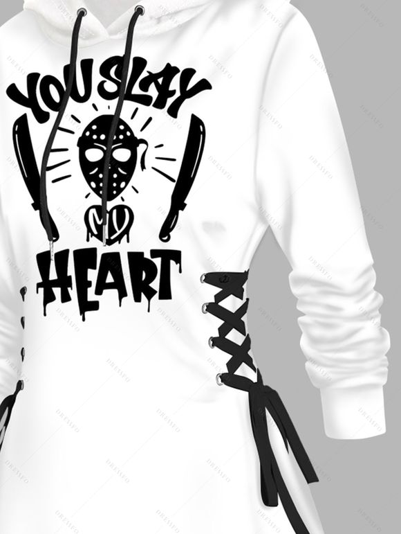 Robe à capuche gothique avec imprimé lettre, cœur, masque, lacets et cordons de serrage pour Halloween - Blanc S | US 4