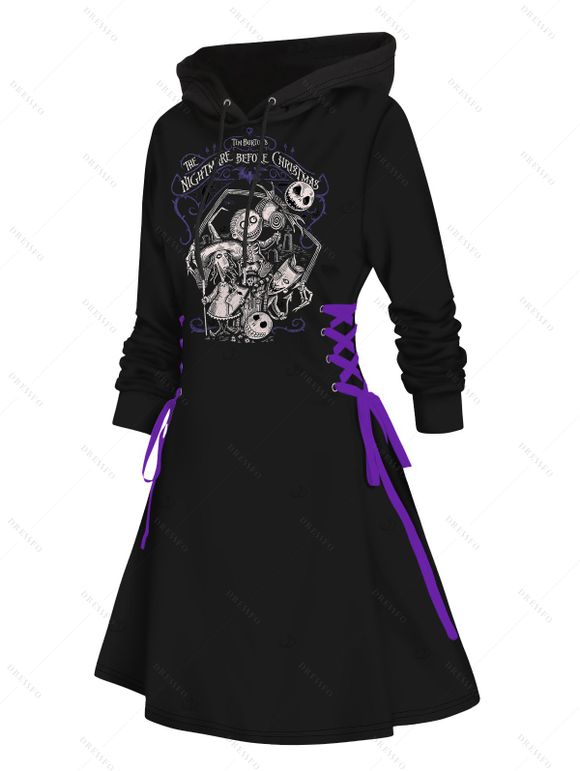 Robe à capuche gothique pour Halloween, mini-robe à lacets et cordons de serrage, imprimé tête de mort et lettres - Noir S | US 4