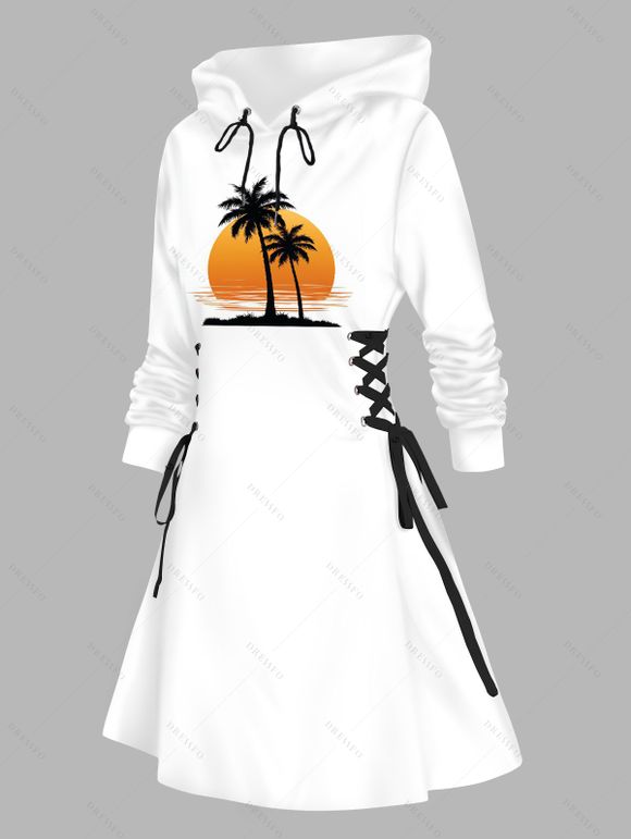 Robe de vacances à capuche pour la plage, imprimé cocotier, mini-robe à lacets et cordons de serrage - Blanc S | US 4