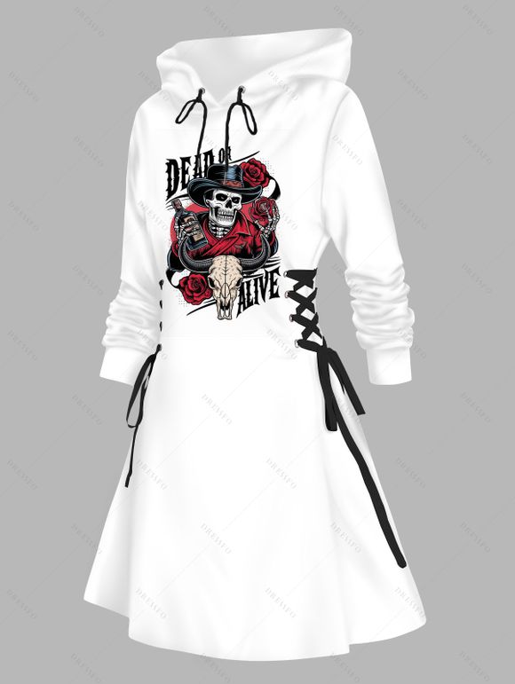 Robe à capuche gothique avec imprimé tête de mort et rose, mini-robe à lacets et cordons de serrage pour Halloween - Noir S | US 4