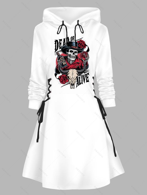 Robe à capuche gothique avec imprimé tête de mort et rose, mini-robe à lacets et cordons de serrage pour Halloween - Blanc S | US 4