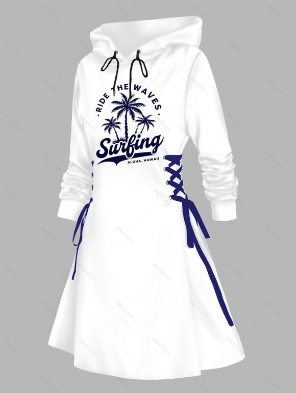 Robe de vacances à capuche, imprimé cocotier, mini-robe à lacets et cordons de serrage pour la plage - Bleu profond S | US 4