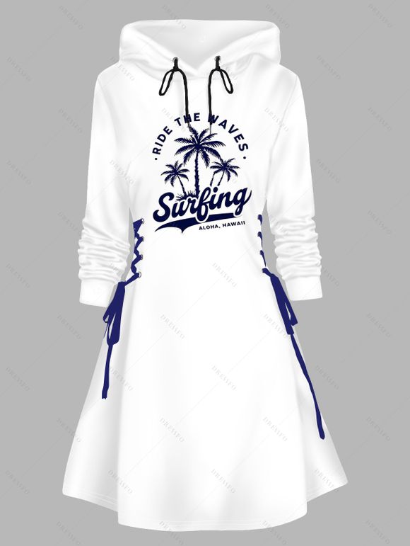 Robe de vacances à capuche, imprimé cocotier, mini-robe à lacets et cordons de serrage pour la plage - Bleu profond S | US 4