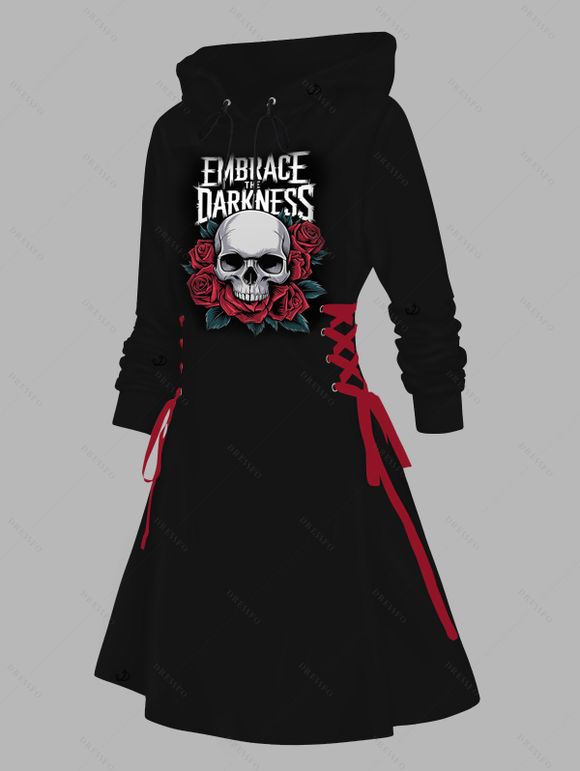 Robe à capuche gothique pour Halloween, mini-robe à lacets et cordons de serrage, imprimé lettres, crânes et roses - Noir S | US 4