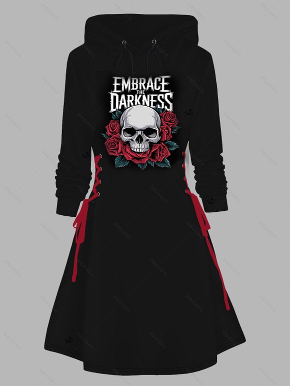 Robe à capuche gothique pour Halloween, mini-robe à lacets et cordons de serrage, imprimé lettres, crânes et roses - Noir L | US 8-10