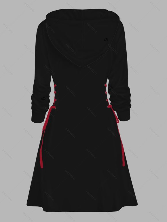 Robe à capuche gothique pour Halloween, mini-robe à lacets et cordons de serrage, imprimé lettres, crânes et roses - Noir L | US 8-10