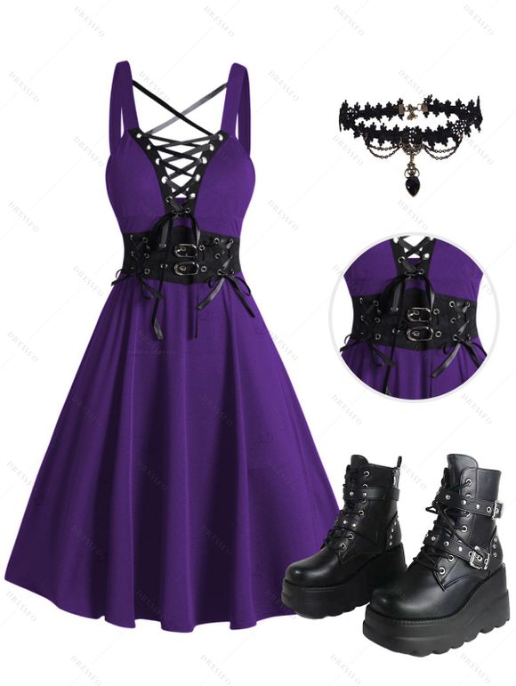 Gothic Women Outfit Lace Up Crisscross Mini Dress and Heart Lace Choker Buckle Straps Boots Set - Pourpre S | US 4