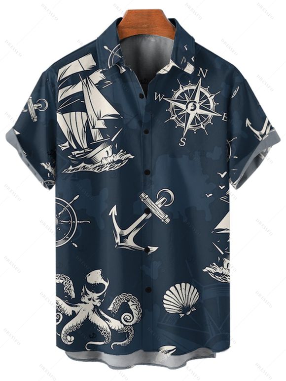 Chemise de vacances pour homme, boutonnée, imprimé ancre et poulpe, idéale pour la plage - Bleu profond 5XL