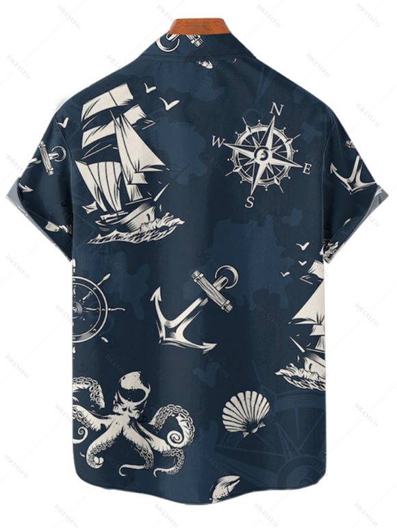 Chemise de vacances pour homme, boutonnée, imprimé ancre et poulpe, idéale pour la plage - Bleu profond 4XL