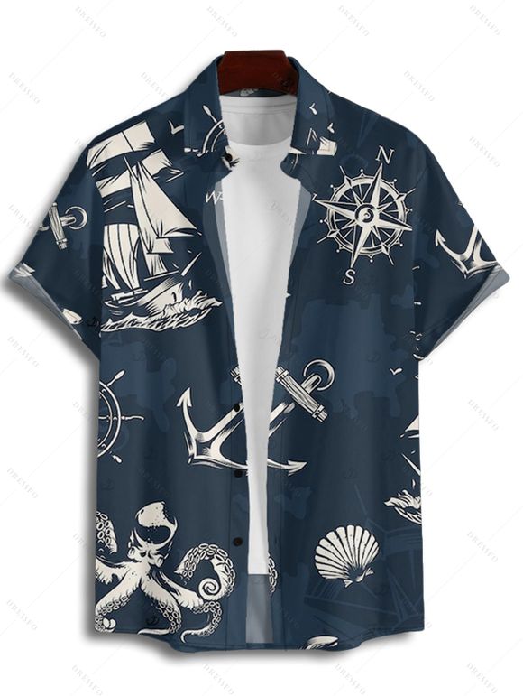 Chemise de vacances pour homme, boutonnée, imprimé ancre et poulpe, idéale pour la plage - Bleu profond 4XL