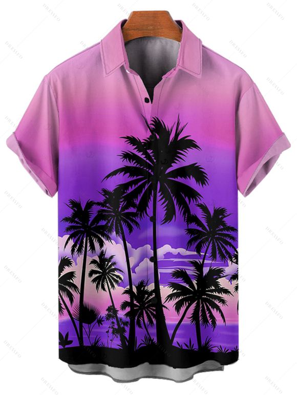 Chemise boutonnée à imprimé cocotiers ombré pour homme, idéale pour les vacances à la plage - Pourpre 5XL