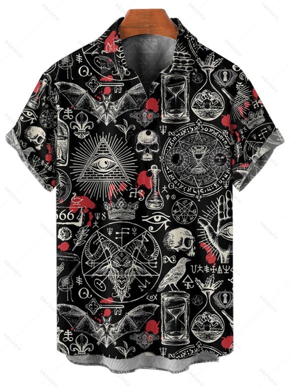 Chemise gothique boutonnée pour homme, motif tête de mort et chauve-souris, pour Halloween - Noir L