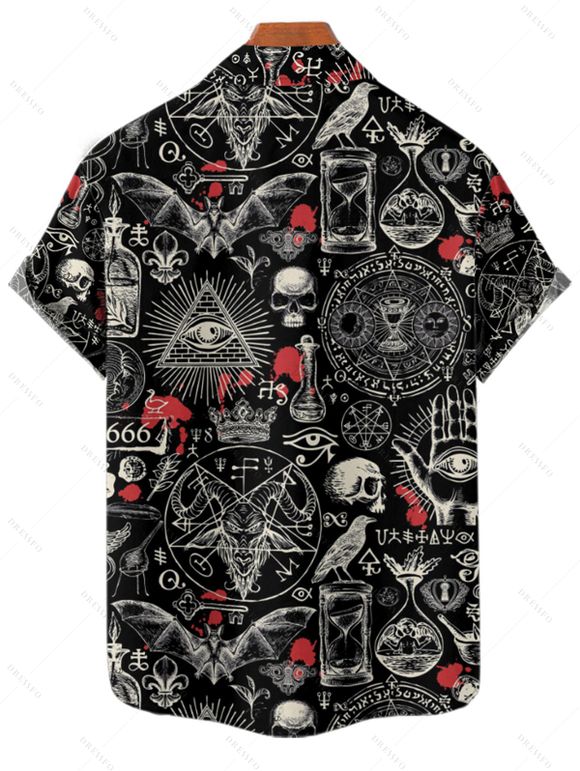 Chemise gothique boutonnée pour homme, motif tête de mort et chauve-souris, pour Halloween - Noir L