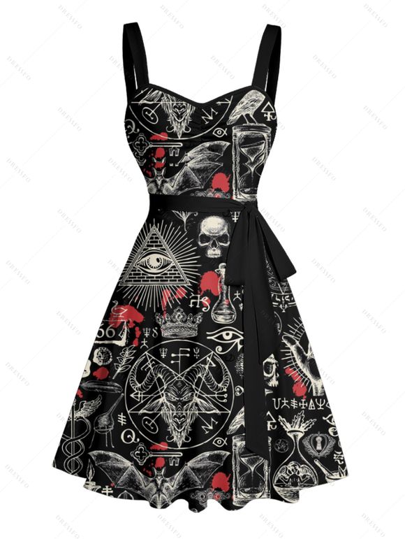 Robe gothique pour Halloween, mini-robe à ceinture avec imprimé tête de mort et buste froncé - Noir S | US 4