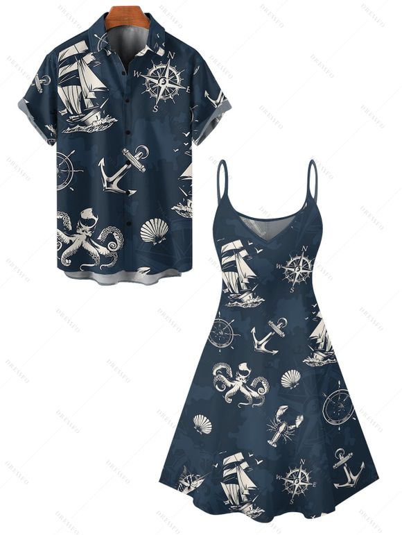 Vacation Couple Outfit for Beach Anchor Octopus Print Spaghetti Strap Mini Dress and Shirt Set - Bleu de Minuit S | US 4