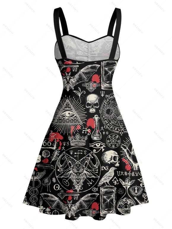 Robe gothique pour Halloween, mini-robe à ceinture avec imprimé tête de mort et buste froncé - Noir XXXXXL | US 20