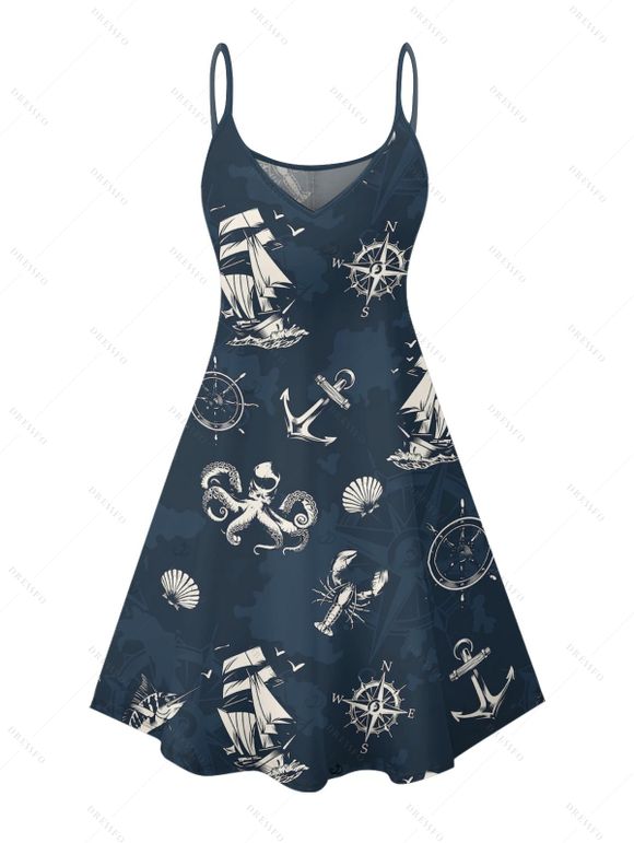 Vacation Couple Outfit for Beach Anchor Octopus Print Spaghetti Strap Mini Dress and Shirt Set - Bleu de Minuit S | US 4