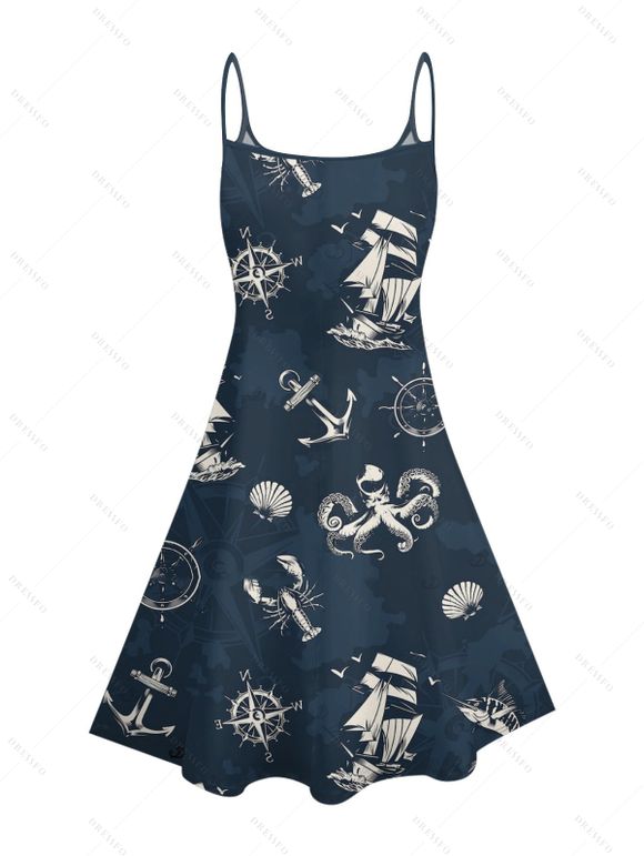 Vacation Couple Outfit for Beach Anchor Octopus Print Spaghetti Strap Mini Dress and Shirt Set - Bleu de Minuit S | US 4