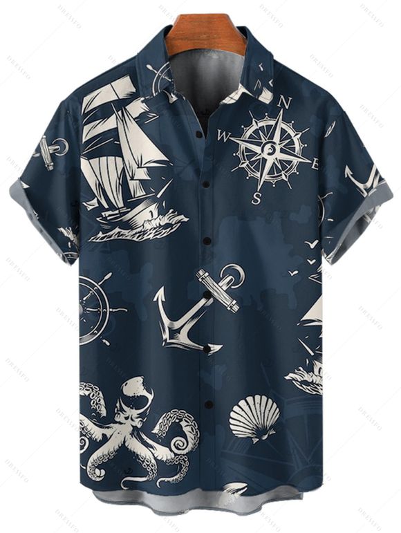 Vacation Couple Outfit for Beach Anchor Octopus Print Spaghetti Strap Mini Dress and Shirt Set - Bleu de Minuit S | US 4