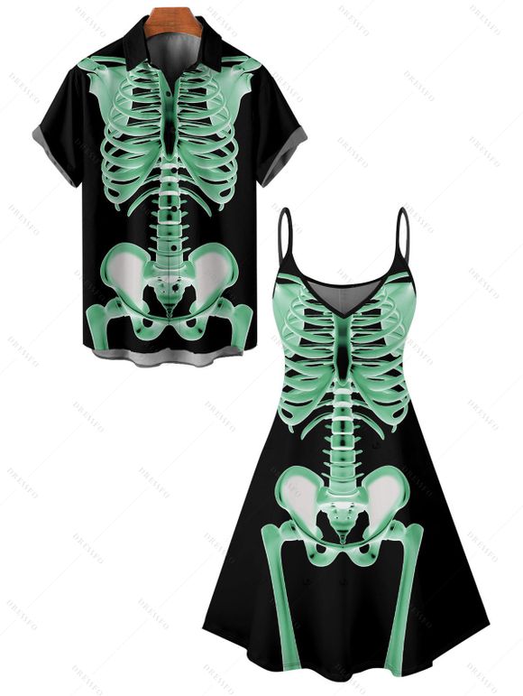Gothic Couple Outfit Skeleton Print Spaghetti Strap Mini Dress and Shirt Halloween Set - Vert S | US 4