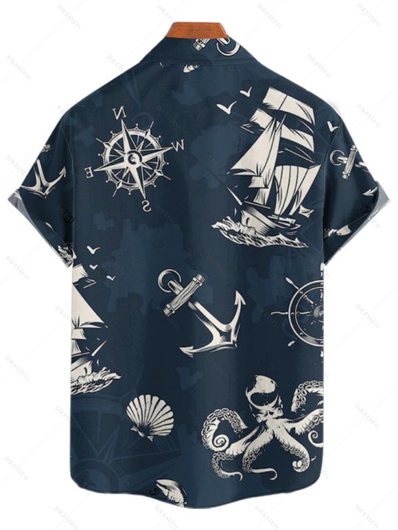 Vacation Couple Outfit for Beach Anchor Octopus Print Spaghetti Strap Mini Dress and Shirt Set - Bleu de Minuit S | US 4