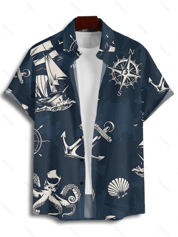 Vacation Couple Outfit for Beach Anchor Octopus Print Spaghetti Strap Mini Dress and Shirt Set - Bleu de Minuit S | US 4