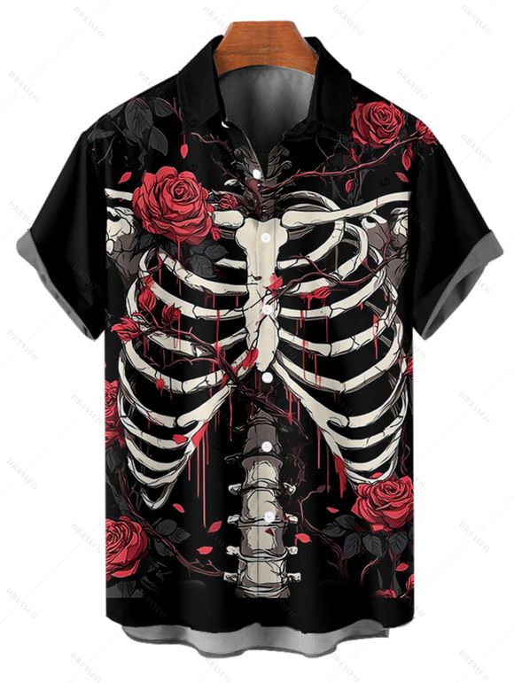 Chemise boutonnée gothique pour homme, motif squelette et roses, pour Halloween - Noir 3XL