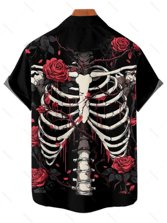 Chemise boutonnée gothique pour homme, motif squelette et roses, pour Halloween - Noir 3XL