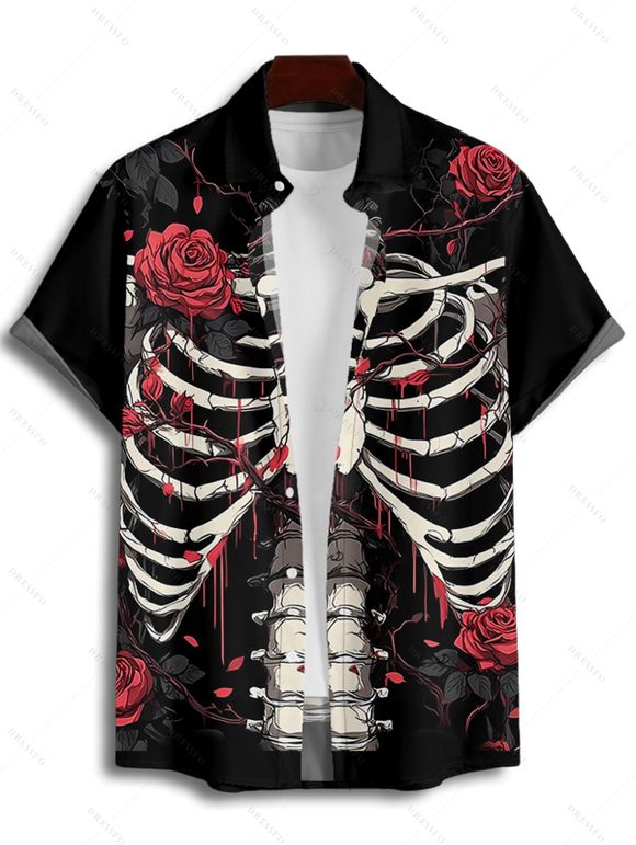 Chemise boutonnée gothique pour homme, motif squelette et roses, pour Halloween - Noir 3XL