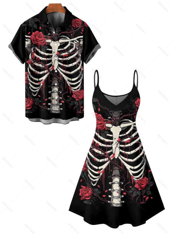 Gothic Couple Outfit Skull Rose Print Spaghetti Strap Mini Dress and Shirt Set for Halloween - Noir S | US 4