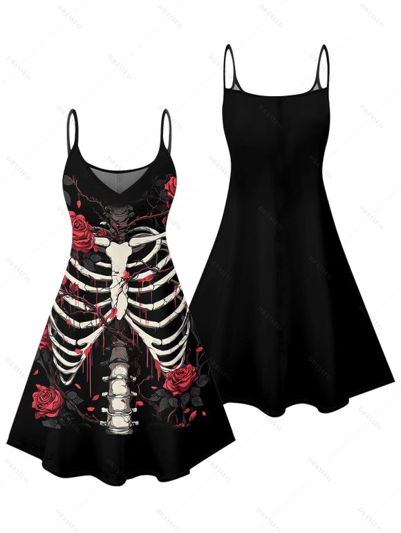 Gothic Couple Outfit Skull Rose Print Spaghetti Strap Mini Dress and Shirt Set for Halloween - Noir S | US 4