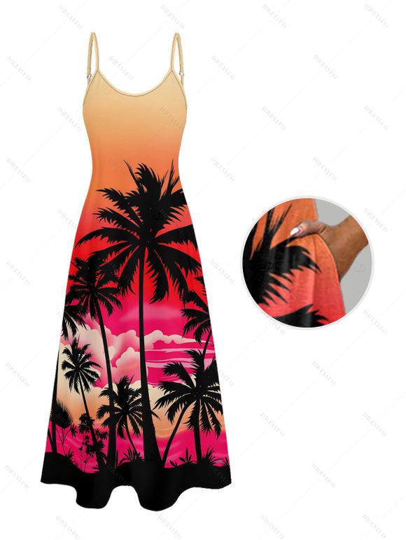 Robe de vacances ombrée pour la plage, imprimé cocotier, robe longue à bretelles spaghetti et poches - Orange S | US 4
