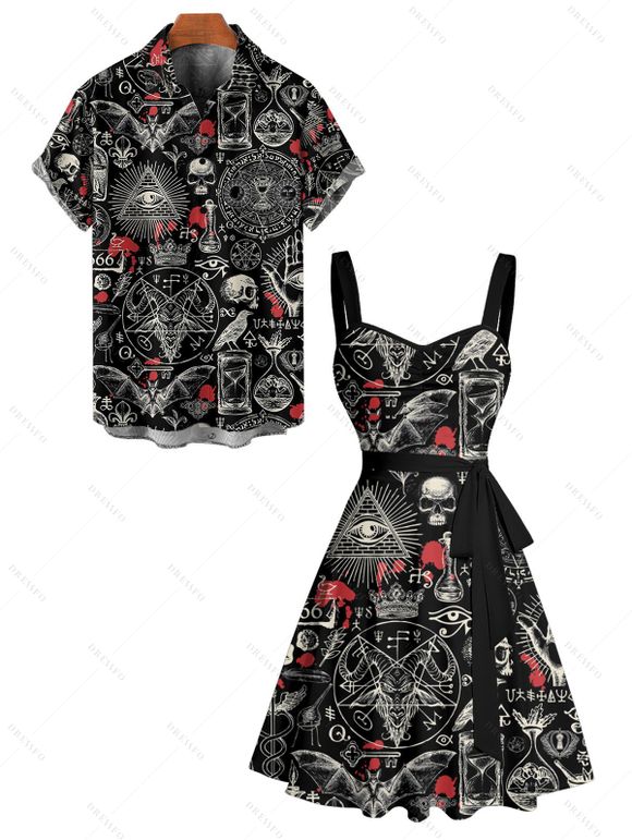 Gothic Couple Outfit Bat Skulls Printed Ruched Bust Mini Belt Dress and Shirt Set for Halloween - Noir S | US 4