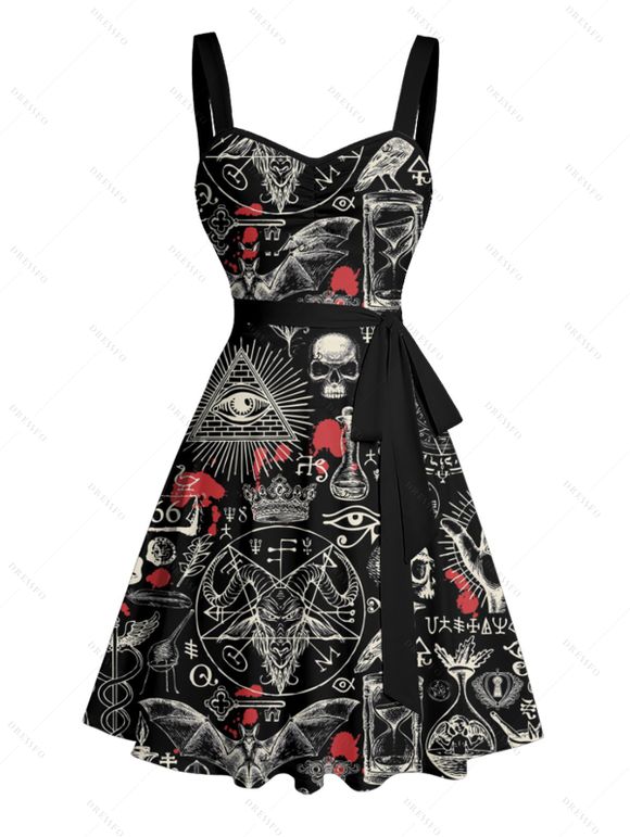 Gothic Couple Outfit Bat Skulls Printed Ruched Bust Mini Belt Dress and Shirt Set for Halloween - Noir S | US 4