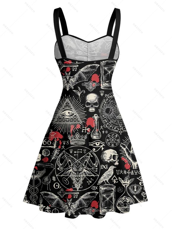 Gothic Couple Outfit Bat Skulls Printed Ruched Bust Mini Belt Dress and Shirt Set for Halloween - Noir S | US 4