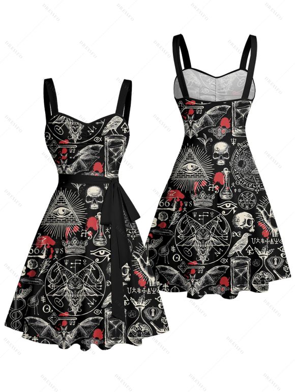 Gothic Couple Outfit Bat Skulls Printed Ruched Bust Mini Belt Dress and Shirt Set for Halloween - Noir S | US 4