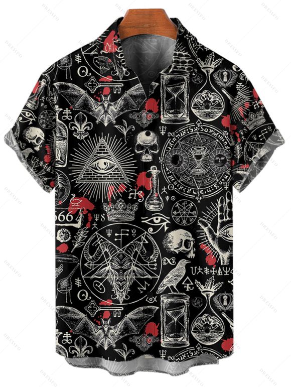 Gothic Couple Outfit Bat Skulls Printed Ruched Bust Mini Belt Dress and Shirt Set for Halloween - Noir S | US 4