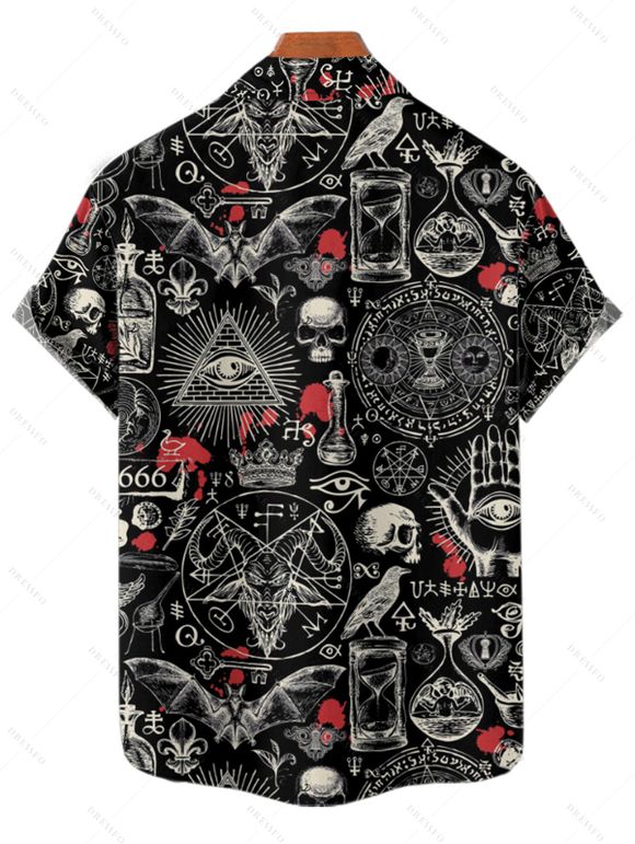 Gothic Couple Outfit Bat Skulls Printed Ruched Bust Mini Belt Dress and Shirt Set for Halloween - Noir S | US 4