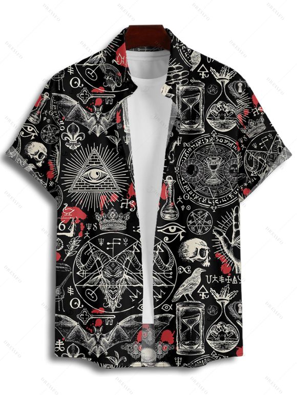 Gothic Couple Outfit Bat Skulls Printed Ruched Bust Mini Belt Dress and Shirt Set for Halloween - Noir S | US 4