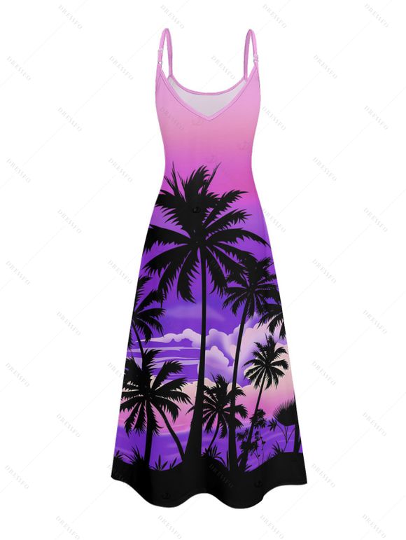Robe de vacances ombrée pour la plage, imprimé cocotier, robe longue à bretelles spaghetti et poches - Pourpre S | US 4